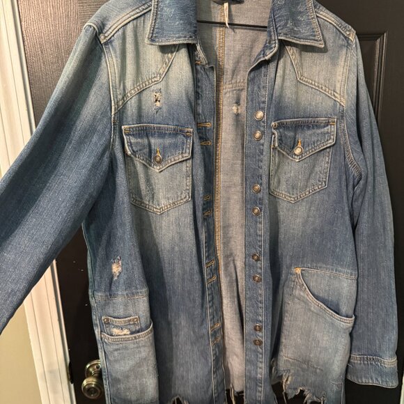Free People Long Distressed Denim Button up Shirt Jacket Medium - Picture 3 of 4